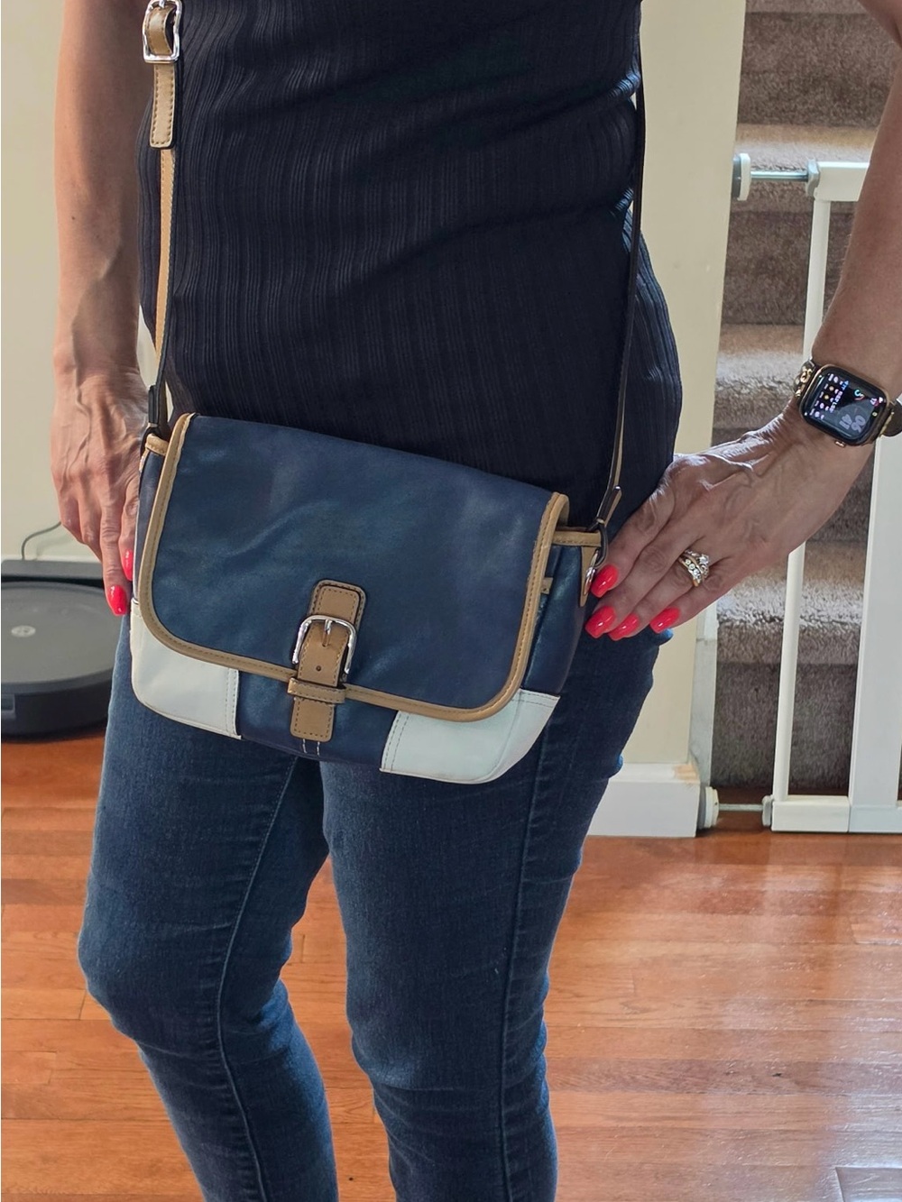 Coach Navy, White & Tan Leather Trim Crossbody Bag